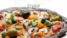  Presentation with dried tomato - Beautiful slide deck featuring black ink dough pizza with seafood black and green olives dried tomato and salad leaves backdrop and a white colored foreground