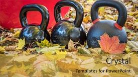  Presentation with maple - Slide set having black iron exercise kettlebells with red swiss ball and maple leaves - outdoor fitness concept background and a yellow colored foreground