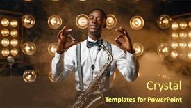  Presentation with performer - Colorful slides enhanced with black-jazz-performer-with-saxophone backdrop and a tawny brown colored foreground