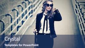  Presentation with sad woman walking - Beautiful PPT theme featuring black jeans - blond business woman in sunglasses backdrop and a ocean colored foreground