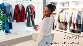  Presentation with coats - Cool new theme with black lady against showcase with coats shopping backdrop and a lemonade colored foreground