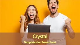  Presentation with man woman - Audience pleasing PPT layouts consisting of black laptop isolated over yellow backdrop and a red colored foreground