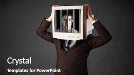  Presentation with prison - Colorful slide set enhanced with black male prison handcuff - business man with monitor screen backdrop and a dark gray colored foreground