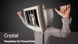  Presentation with man head in hands - PPT theme featuring black male prison handcuff - business man with monitor screen background and a dark gray colored foreground