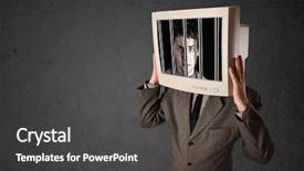  Presentation with head - Amazing PPT theme having black male prison handcuff - business man with monitor screen backdrop and a dark gray colored foreground