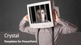  Presentation with head - Colorful presentation theme enhanced with black male prison handcuff - business man with monitor screen backdrop and a gray colored foreground