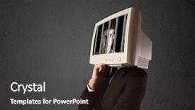  Presentation with head - Colorful presentation enhanced with black male prison handcuff - business man with monitor screen backdrop and a tawny brown colored foreground