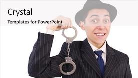  Presentation with black and white film strip - Slide set having black male prison handcuff - funny gentleman in striped suit background and a white colored foreground