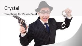  Presentation with black and white film strip - Beautiful presentation design featuring black male prison handcuff - funny gentleman in striped suit backdrop and a white colored foreground