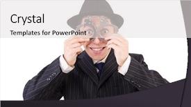  Presentation with black and white film strip - Amazing presentation design having black male prison handcuff - funny gentleman in striped suit backdrop and a light gray colored foreground