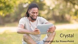  Presentation with tablets wood table tablet white - Amazing slide deck having black males - handsome hipster using his tablet backdrop and a blonde colored foreground