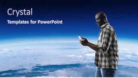  Presentation with black man - Presentation theme featuring black-man-in-casual-clothes background and a navy blue colored foreground