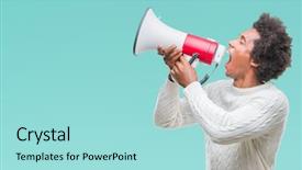  Presentation with black man - PPT theme having black man shouting through megaphone background and a arctic colored foreground