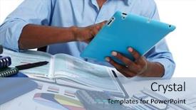  Presentation with accounting - Presentation theme having black man working in office with tablet computer accounting background and a light blue colored foreground