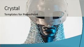  Presentation with war history - Audience pleasing presentation design consisting of history clothing - viking helmet with chain mail backdrop and a light gray colored foreground