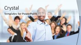  Presentation with team - Presentation design featuring business team background and a cool aqua colored foreground