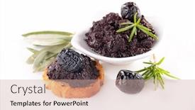  Presentation with olive - Presentation featuring black-olive-and-tapenade background and a soft green colored foreground