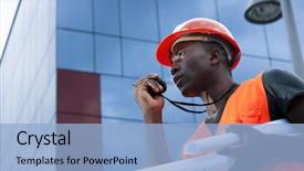  Presentation with walkie talkie - Amazing slides having black orange safety - construction worker speaking on walkie-talkie backdrop and a light blue colored foreground