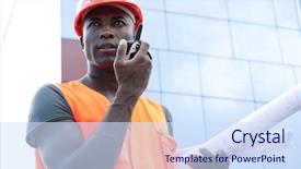  Presentation with walkie talkie - Colorful PPT theme enhanced with black orange safety - construction worker speaking on walkie-talkie backdrop and a sky blue colored foreground