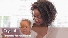  Presentation with displaying a happy mother cudd - Theme featuring black parents - happy mother using tablet pc background and a coral colored foreground