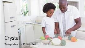  Presentation with cooking equipment kitchen utensils - Presentation featuring black parents - little boy cooking with his background and a light gray colored foreground
