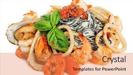  Presentation with black sea - Colorful PPT theme enhanced with black pasta with sea food and basil backdrop and a gold colored foreground
