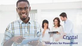  Presentation with tablet - Cool new slide set with black people - smiling man using tablet backdrop and a lemonade colored foreground