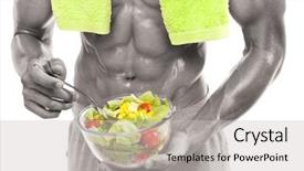  Presentation with fresh fruits salad on white - Colorful PPT theme enhanced with black people food exercise - bodybuilder holding a bowl backdrop and a  colored foreground