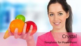  Presentation with leafy greens and fruit - Amazing PPT theme having black people food exercise - happy young fitness woman backdrop and a  colored foreground