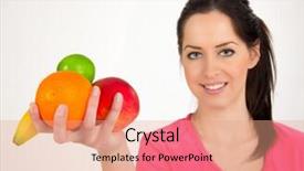  Presentation with leafy greens and fruit - Colorful presentation design enhanced with black people food exercise - happy young fitness woman backdrop and a  colored foreground