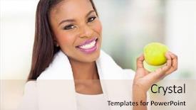  Presentation with few apple crumbs - PPT theme enhanced with black people food exercise - pretty african woman holding background and a  colored foreground