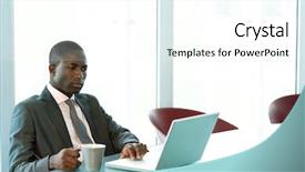  Presentation with laptop and wall - Slides enhanced with black people images - young businessman working on his background and a white colored foreground