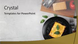  Presentation with food lasagna - Slide deck having black plate with delicious lasagna background and a light gray colored foreground