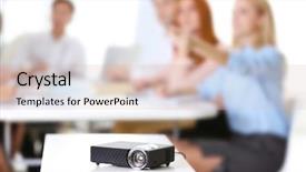  Presentation with black business - Colorful slide set enhanced with black projector on white table backdrop and a soft green colored foreground