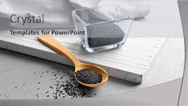 Presentation with quinoa - Slide deck with black quinoa glass bowl and wooden spoon on table background and a light gray colored foreground