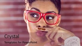  Presentation with fake braces - Slide set enhanced with black race - happy hipster wearing a fake background and a violet colored foreground