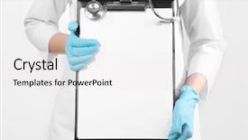  Presentation with switch off light - Theme with black rubber gloves - doctor holding clipboard on light background and a white colored foreground