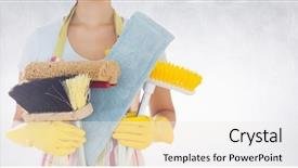  Presentation with cleaning - Amazing theme having black rubber gloves - mid section of woman holding backdrop and a sky blue colored foreground