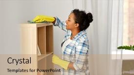  Presentation with african cloth - Slide set enhanced with black rubber gloves - people housework and housekeeping concept background and a coral colored foreground