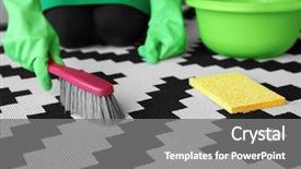  Presentation with room cleaning - Colorful theme enhanced with black rubber gloves - woman cleaning carpet in room backdrop and a gray colored foreground