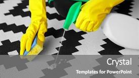  Presentation with room cleaning - Presentation consisting of black rubber gloves - woman cleaning carpet in room background and a gray colored foreground