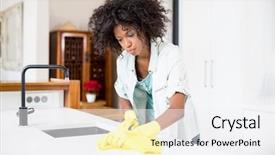  Presentation with rubber gloves - Colorful PPT theme enhanced with black rubber gloves - woman cleaning kitchen counter backdrop and a sky blue colored foreground