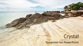  Presentation with gloomy - Colorful PPT layouts enhanced with black sand - tropical beach under gloomy sky backdrop and a lemonade colored foreground