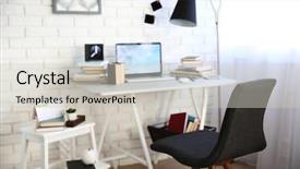  Presentation with workplace - Theme with black screen - workplace with laptop table lamp background and a light gray colored foreground