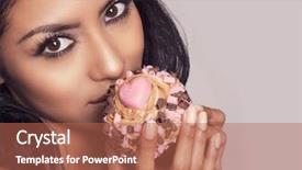  Presentation with cup cake - Slide deck having black skin - attractive woman holding cup cake background and a  colored foreground
