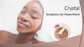  Presentation with customer service face of pretty - Presentation theme having black skincare - pretty woman enjoying a chocolate background and a light gray colored foreground