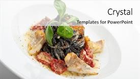  Presentation with dried tomato - Beautiful theme featuring black spaghetti with sea bass and batarga dried salted pressed red roe and dried cherry tomato served with fresh corn salad leaves backdrop and a white colored foreground