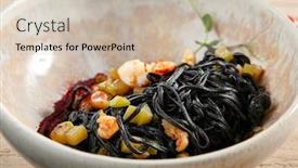  Presentation with pasta restaurant - Presentation having black-spaghetti-with-shrimp background and a soft green colored foreground