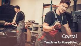  Presentation with car service - Colorful presentation theme enhanced with black spanner - professional car mechanic replace tire backdrop and a violet colored foreground