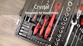  Presentation with wood carving tools - Audience pleasing presentation theme consisting of black spanner - tools in box on wooden backdrop and a gray colored foreground